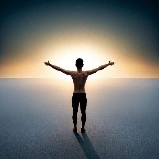 Create 1 image of an asian young man around mid 20s. standing in a wide, open field during sunrise, arms spread wide, embracing the early morning sun. The man wears nothing in order for getting closer to the nature. This represents freedom and self-acceptance.